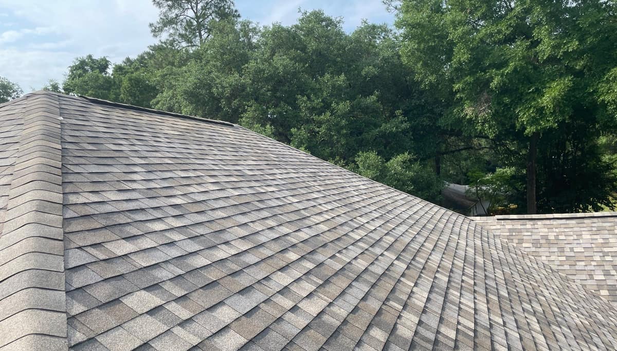 New tan and gray architectural shingle roof on a Gainesville home, seen along a hip from up top