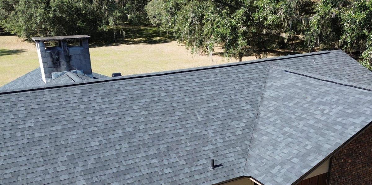 Front roof of the Newberry home, with an open lawn and live oaks beyond the chimney