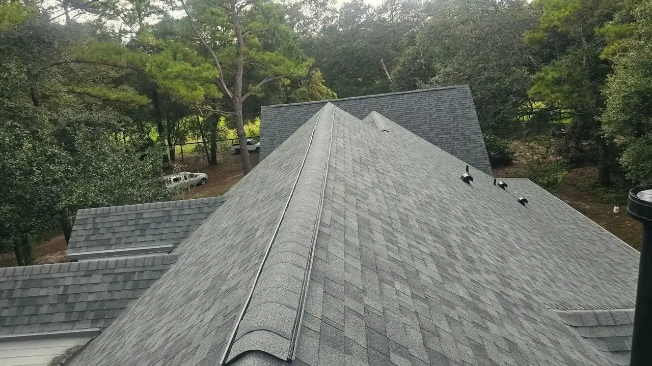 Long gray shingle roof ridge surrounded by trees in Williston